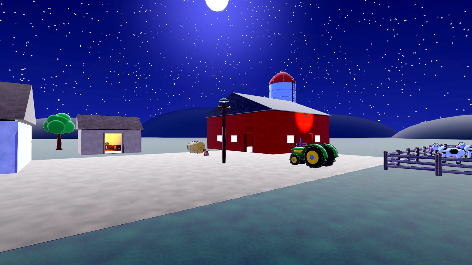 A red barn, tractor and cows on a Kansas farm under the stars
